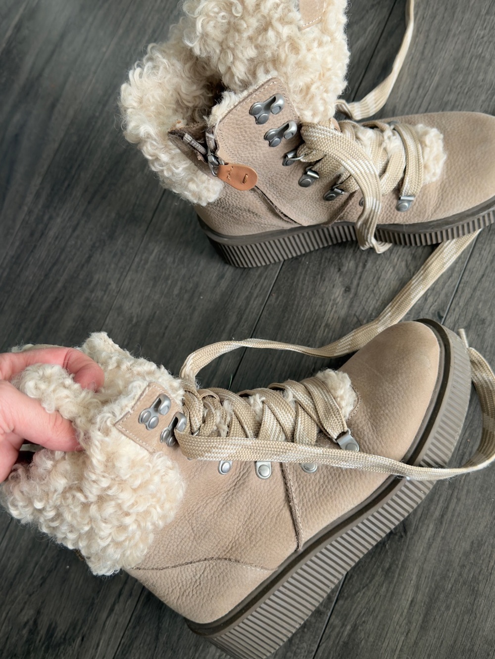 gentle souls Beige Lace-Up Sherpa Ankle Boots
